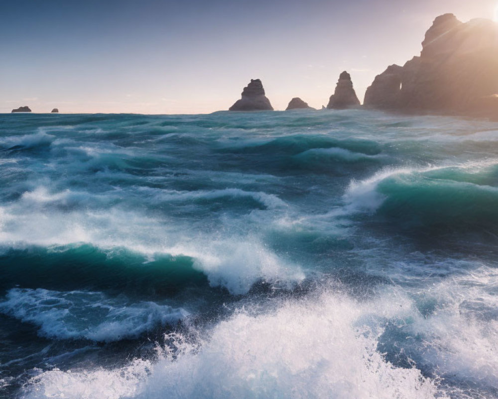 Seascape with Churning Blue Waves and Rock Formations at Sunset