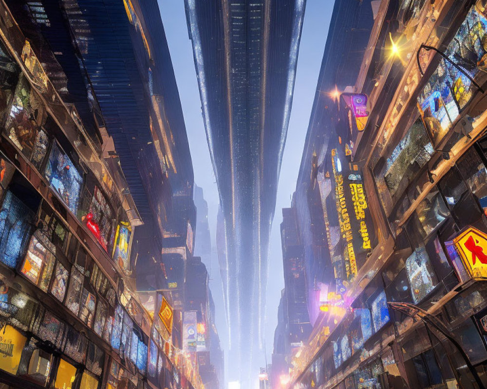 Cityscape with towering buildings and neon signs against twilight sky