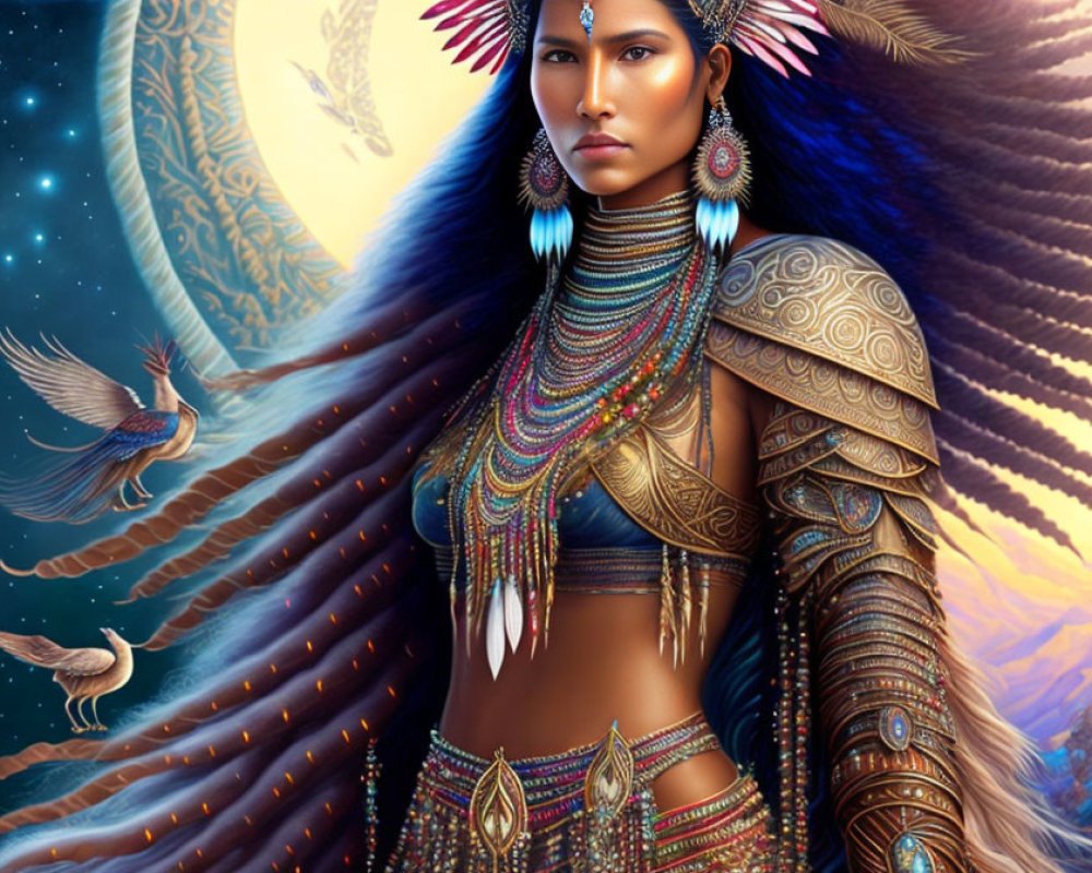 Digital artwork of woman in tribal jewelry with mythical birds under starry sky