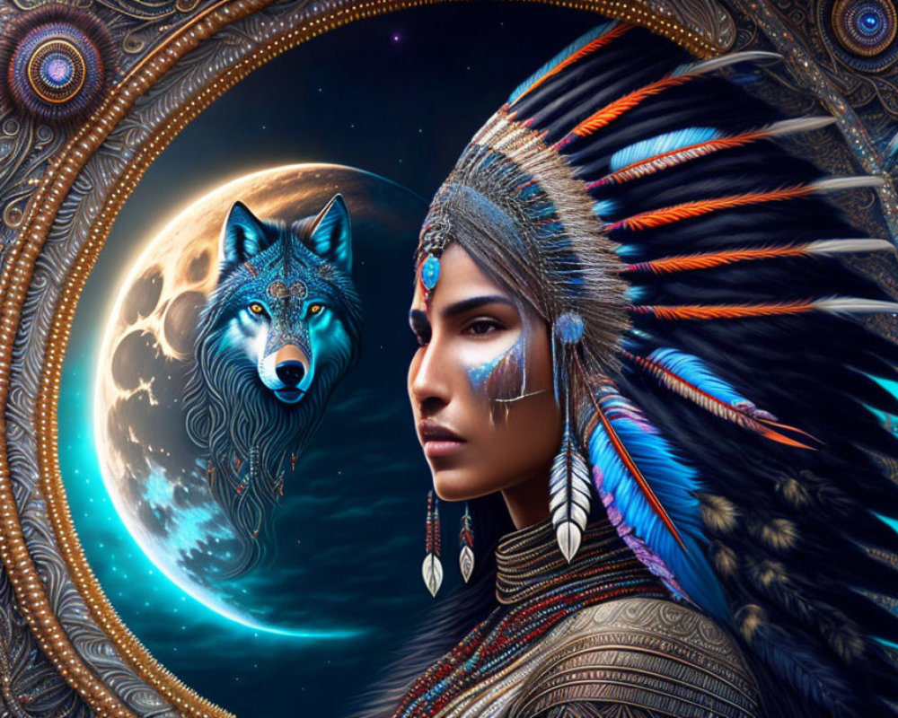 Person in ornate feathered headdress with tribal makeup against cosmic wolf and moon backdrop