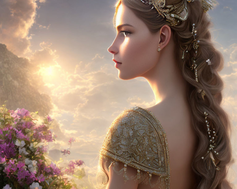 Profile view of woman with gold crown, braided hair, golden dress, sunlight, and flowers.