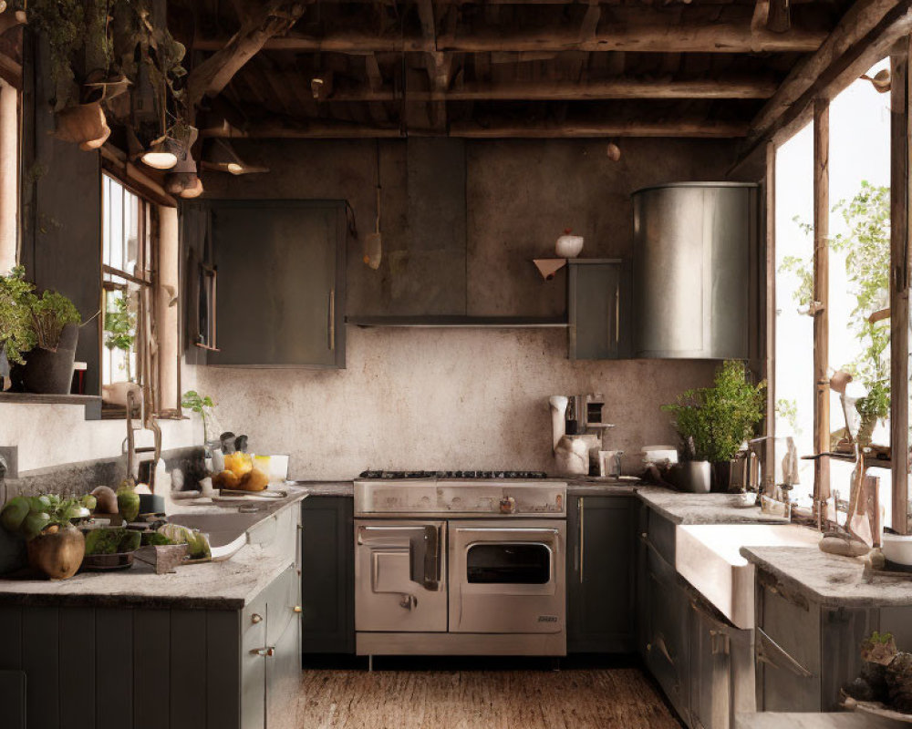 Rustic kitchen with grey cabinets, wood beams, greenery, vintage appliances
