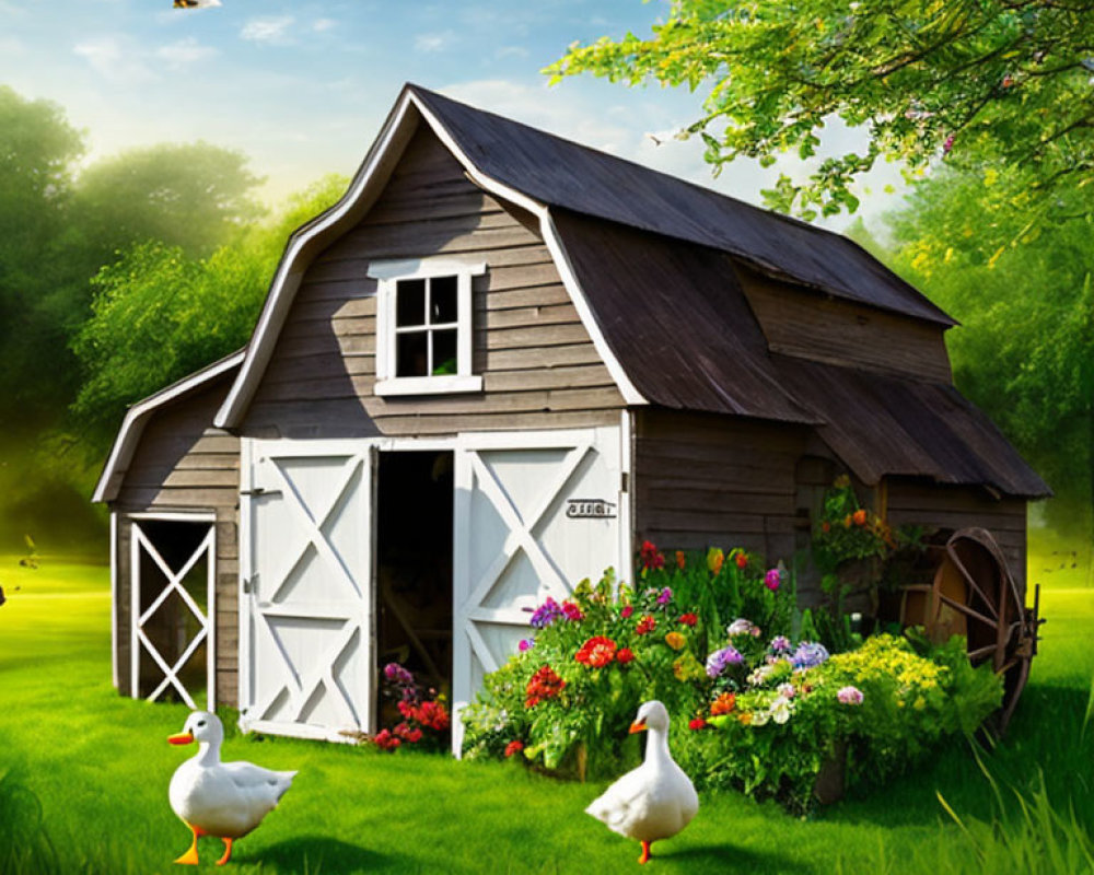 Rustic wooden barn with ducks in lush green setting