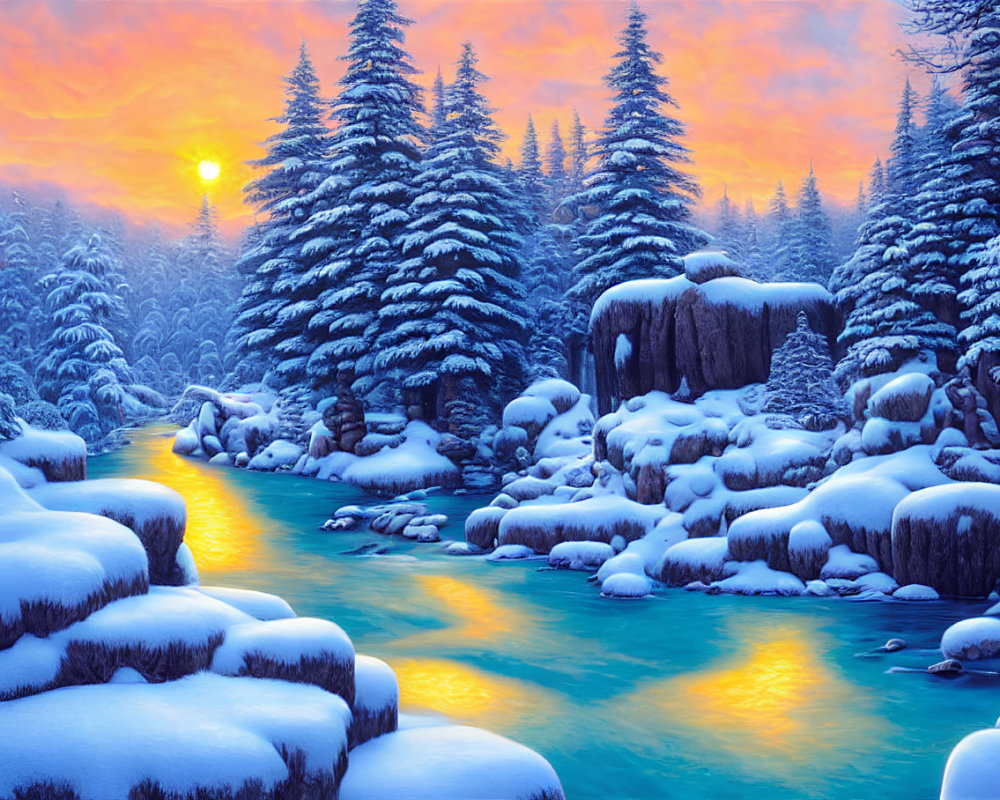 Snow-covered pine trees in serene winter sunset by flowing river