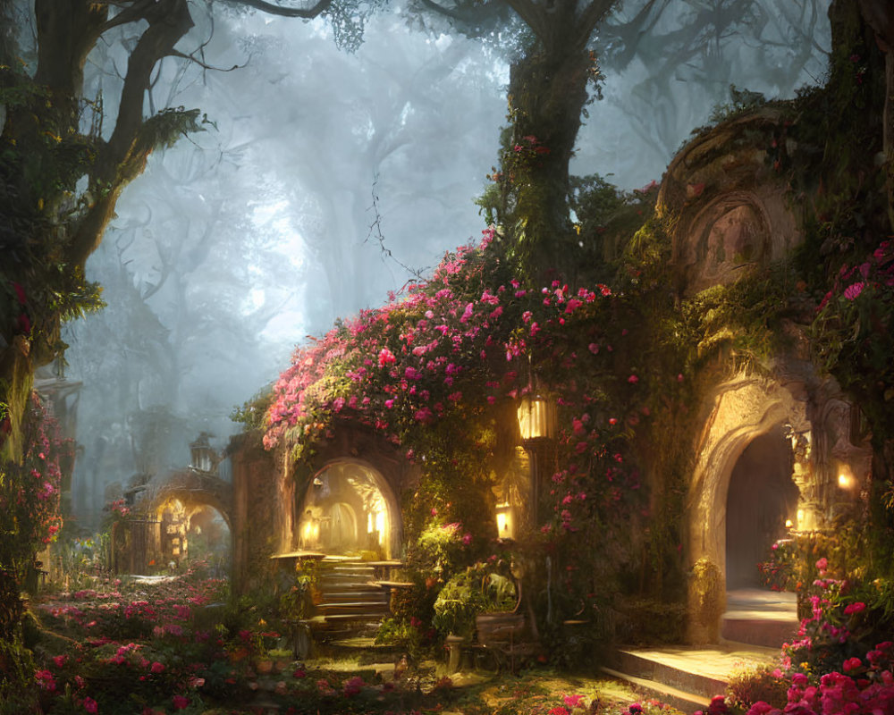 Enchanted forest with pink flowers, mystical doorways, lanterns in foggy setting