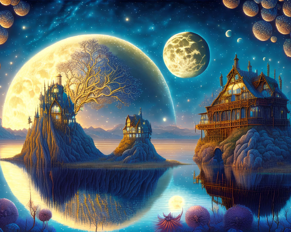 Fantasy landscape with moonlit islands, ornate houses, calm waters, marine flora, starry