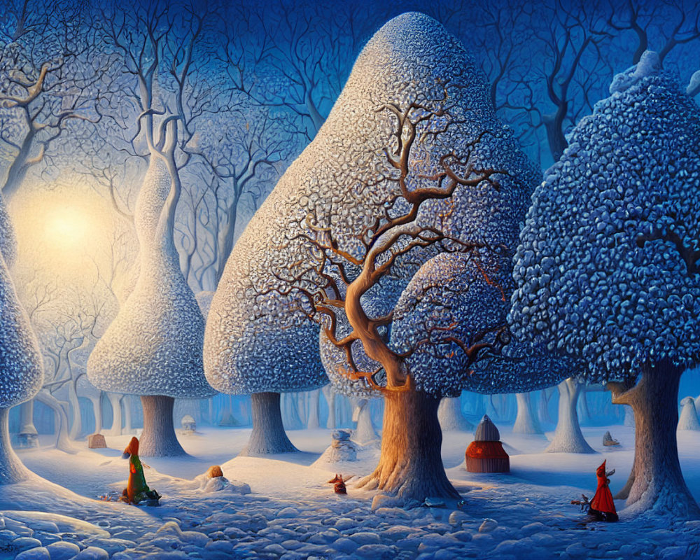 Snow-covered bulbous trees in a serene winter scene with figures in red cloaks and forest animals