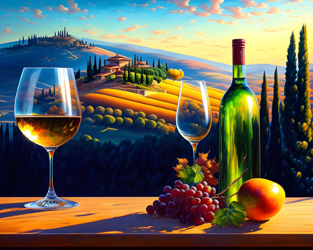 Colorful Still Life with Wine, Glasses, Grapes, and Apple on Wooden Surface