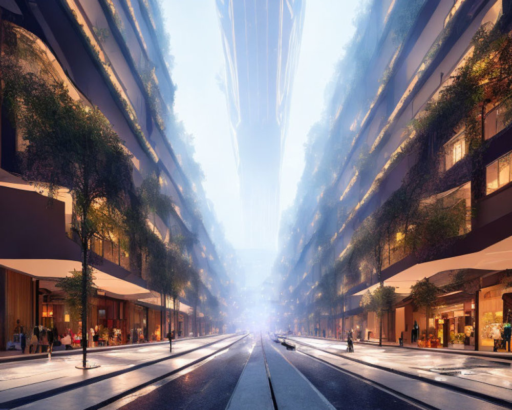 Futuristic city street with high-rise buildings and greenery