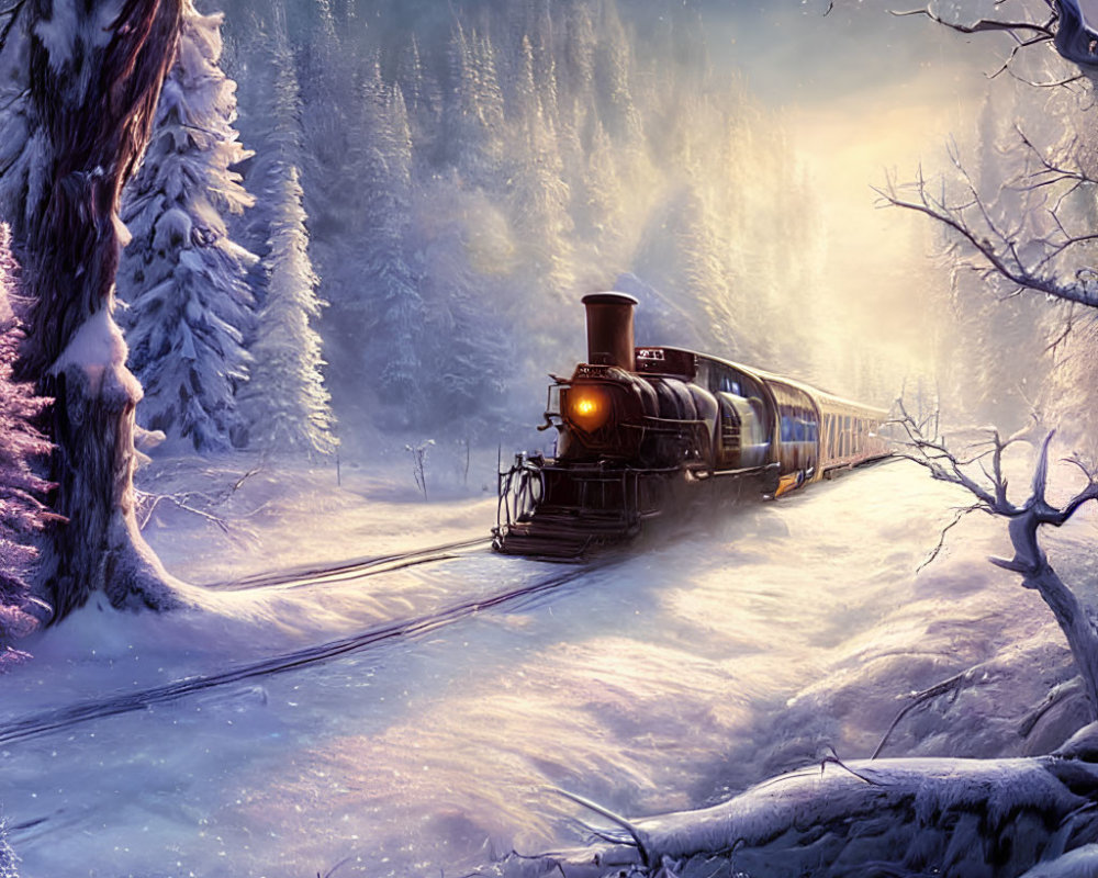 Vintage Train Chugging Through Snowy Twilight Forest