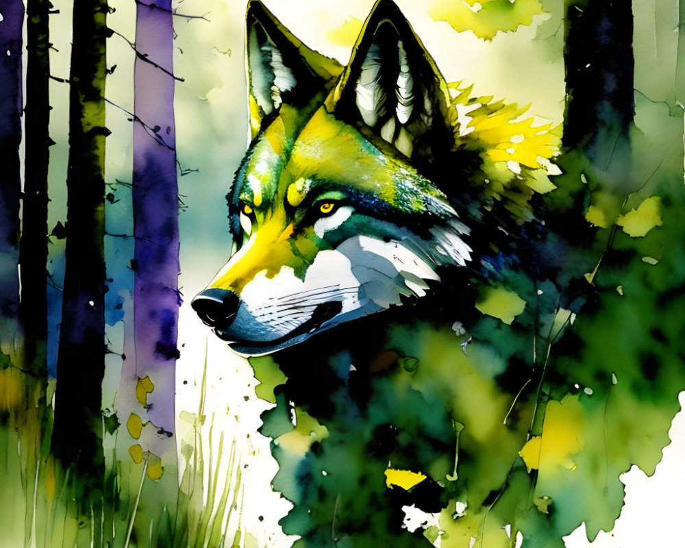 Colorful Watercolor Painting of Wolf Face in Abstract Forest