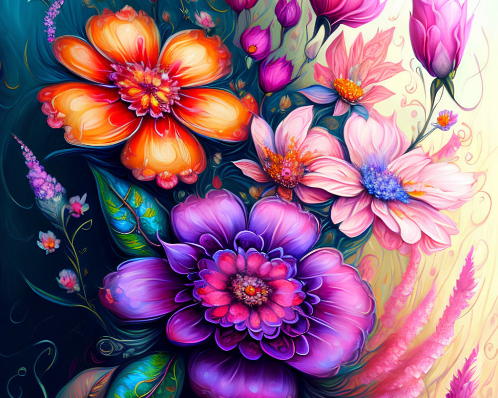 Colorful Digital Artwork: Cluster of Stylish Flowers in Orange, Pink, and Purple