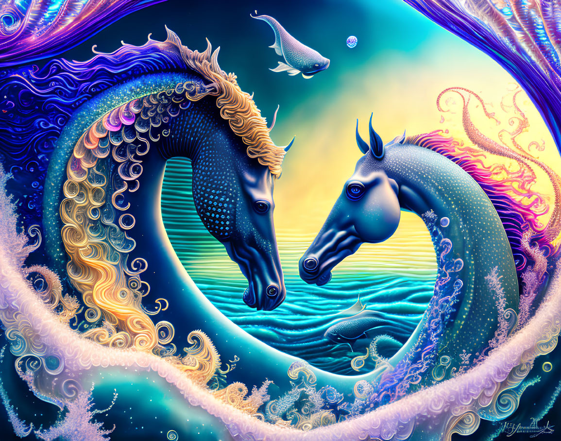 Colorful Stylized Seahorses in Vibrant Underwater Scene
