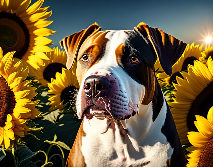 Brown and White Dog with Sunflowers in Sunlit Field
