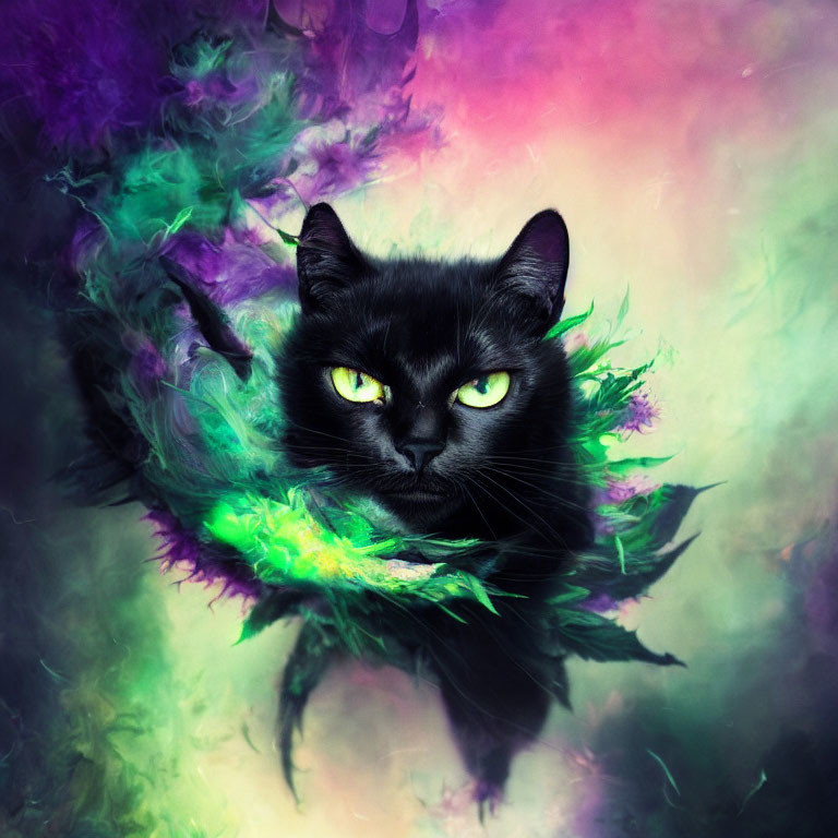 Black Cat with Striking Green Eyes in Mystical Feathers