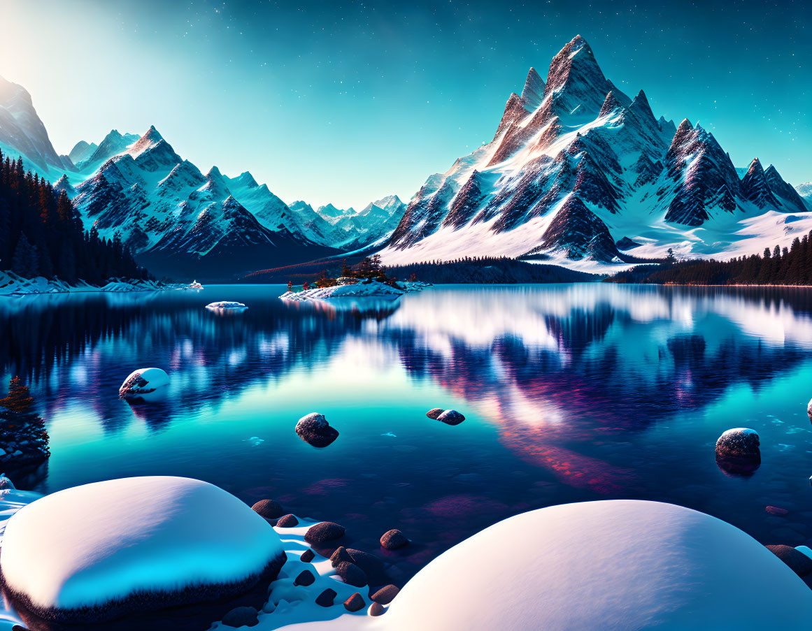 Snow-covered rocks by reflective lake and majestic mountains in tranquil winter scene