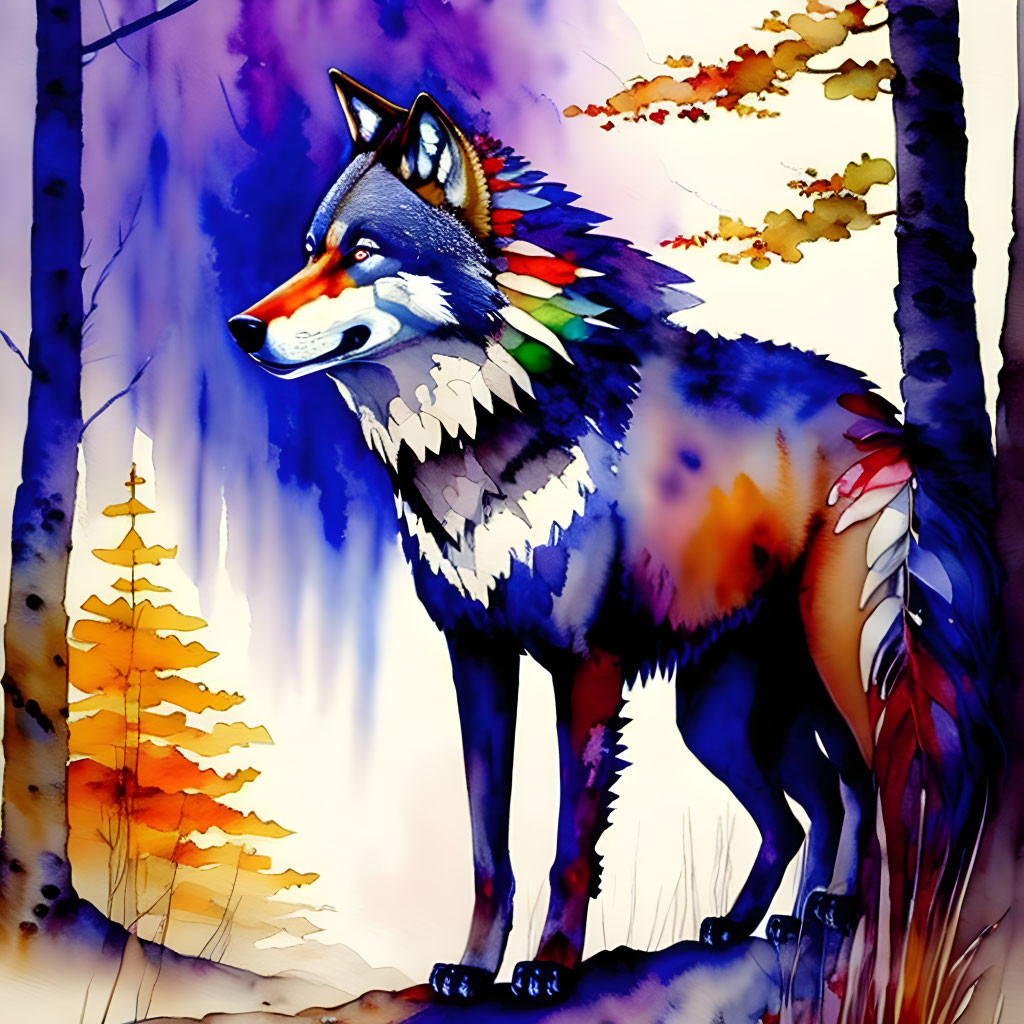 Vibrant autumn forest scene with colorful wolf illustration