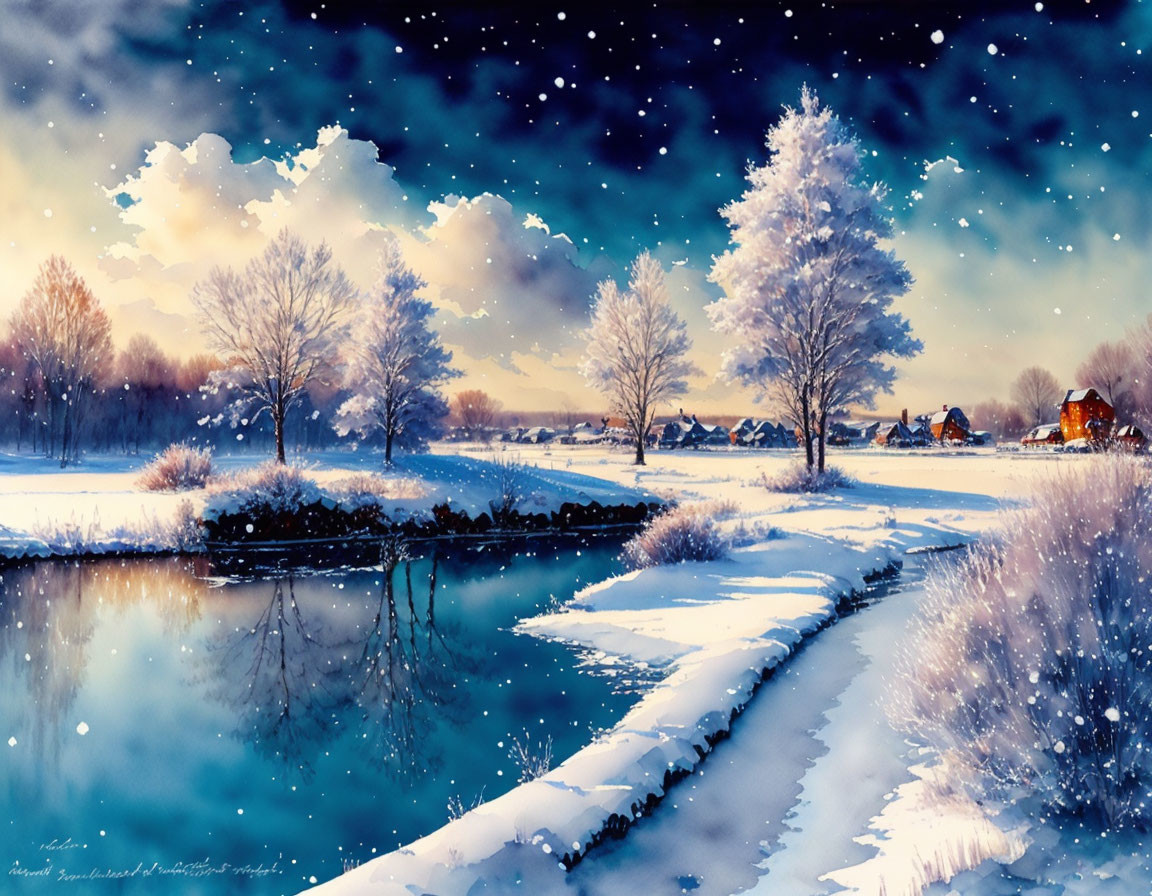 Snow-covered trees, reflective river, starry night sky, and warm-lit houses in serene winter