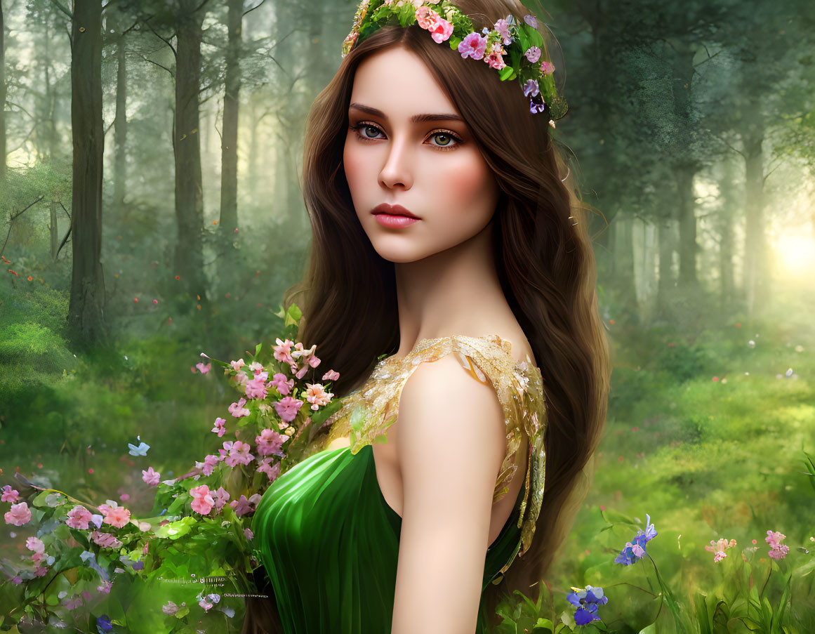 Digital illustration: Young woman with floral crown in sunlit forest