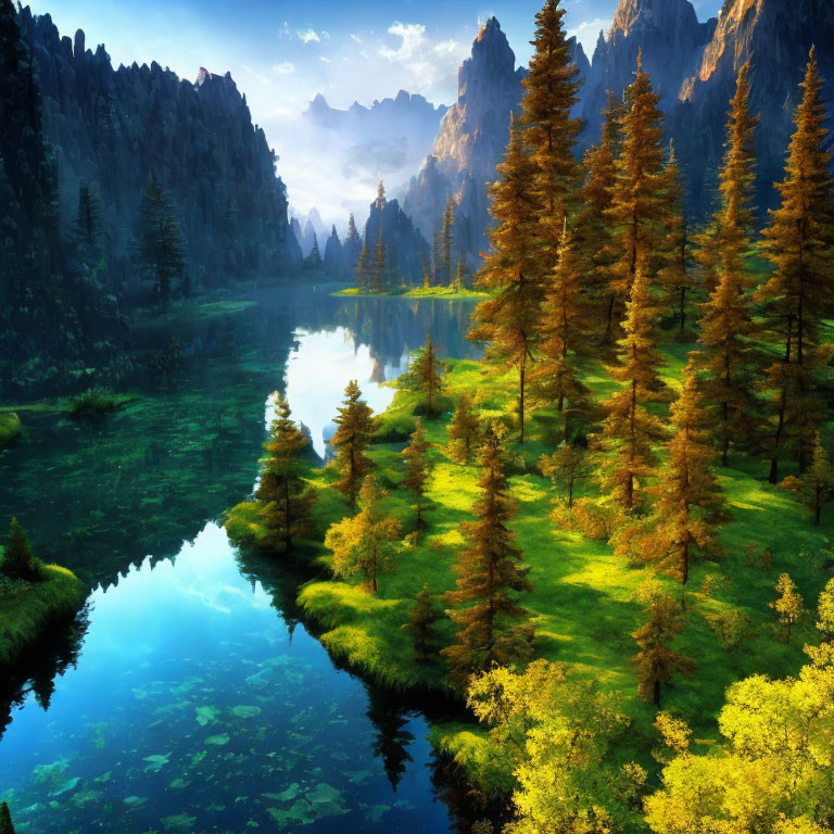 Tranquil forest scene with green trees, clear lake, and blue sky
