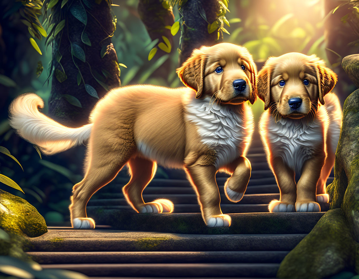 Golden retriever puppies on forest path with sunlight filtering through foliage