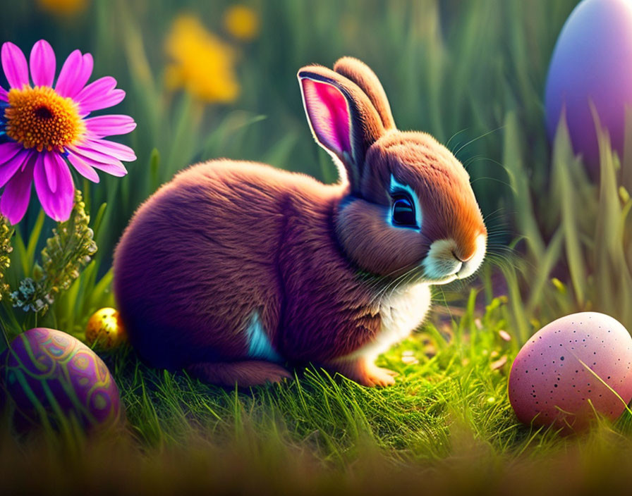 Brown rabbit with decorated eggs and pink flower in vibrant Easter field