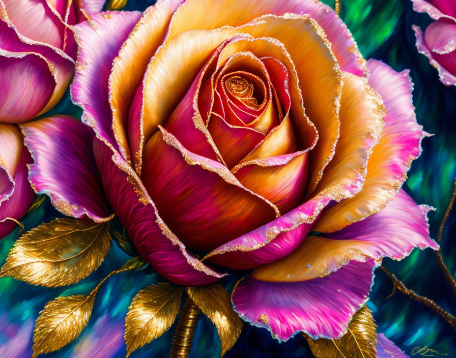 Multicolored Rose Painting with Golden Leaves on Teal Background