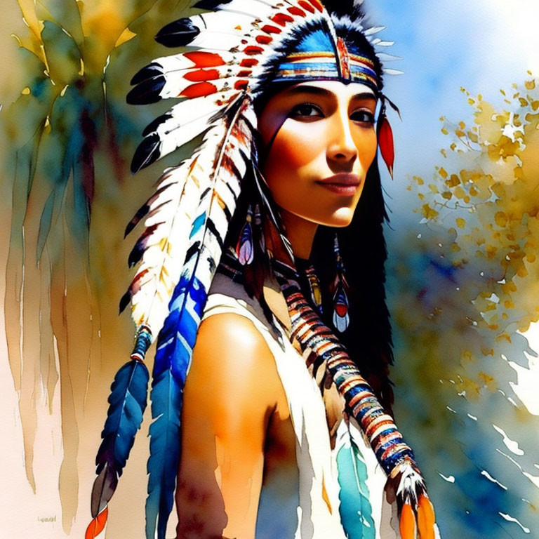 Vibrant painting of person in feathered headdress with colorful background