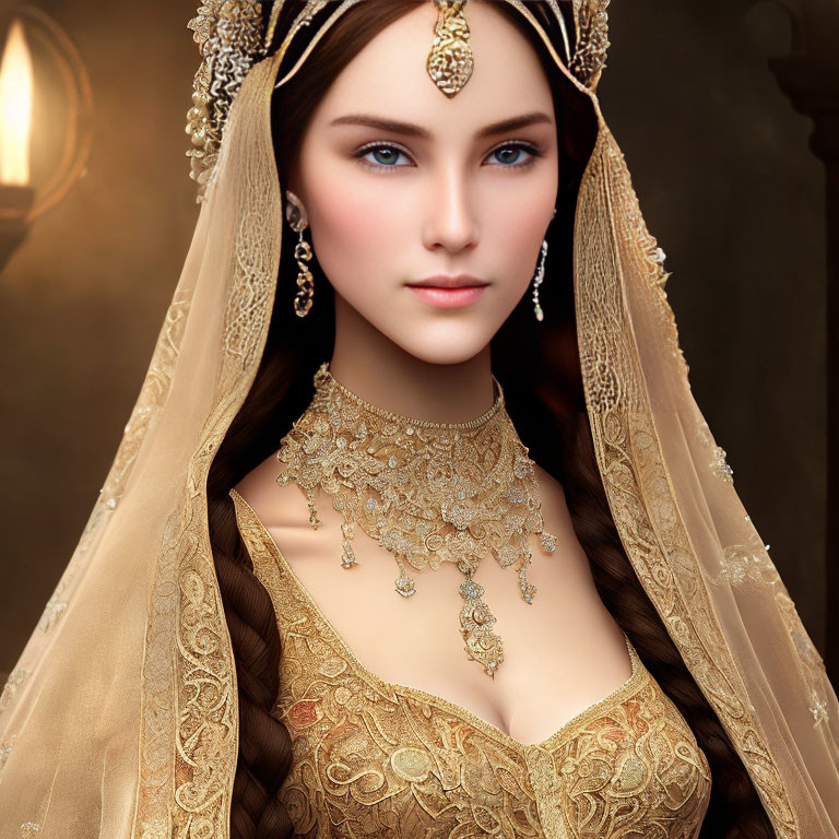 Digital artwork: Woman with blue eyes in golden regal attire and jewelry.