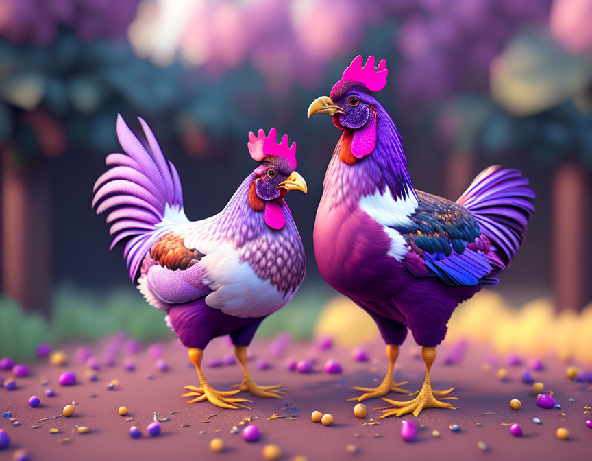 Colorful Stylized Chickens in Vibrant Purple Environment