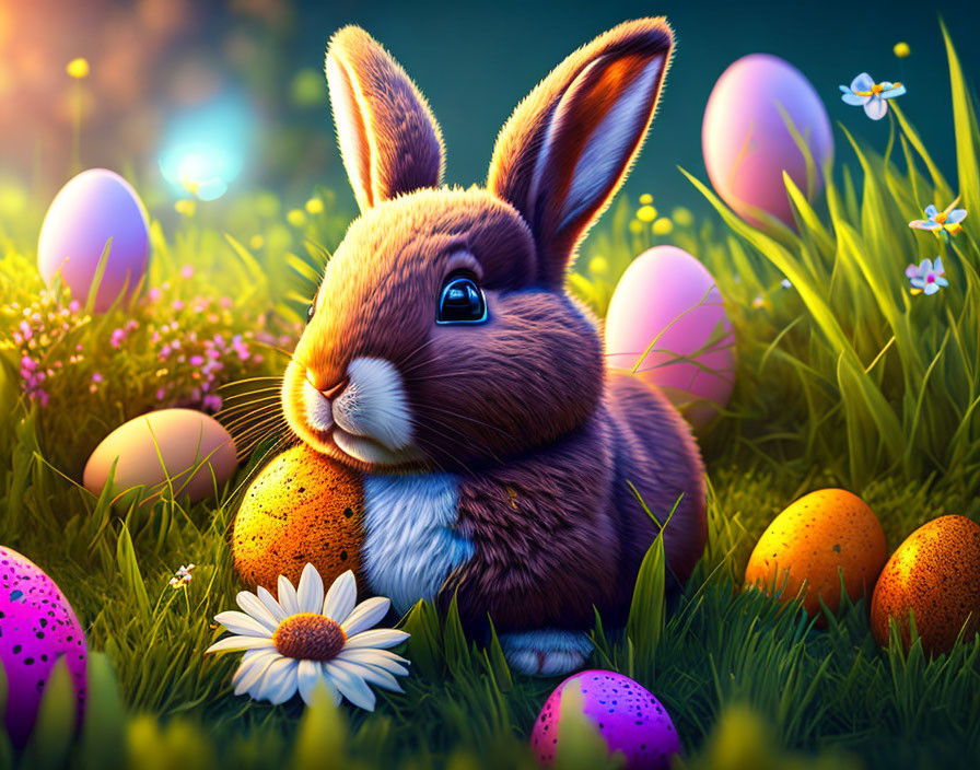 Realistic digital illustration: Brown rabbit, Easter eggs, daisies in meadow