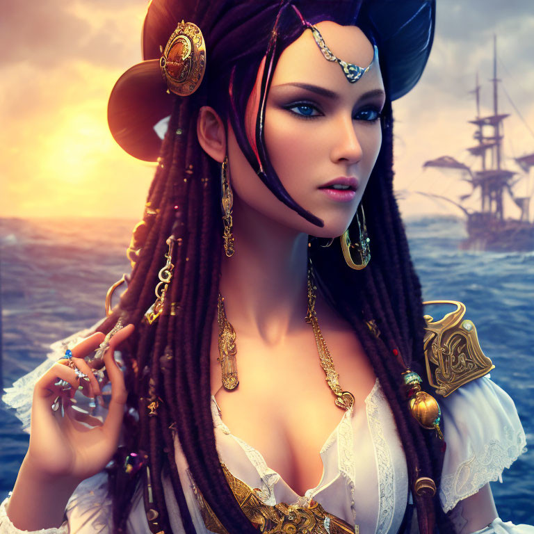 Female pirate digital artwork with tricorn hat, jewelry, and ship at sunset