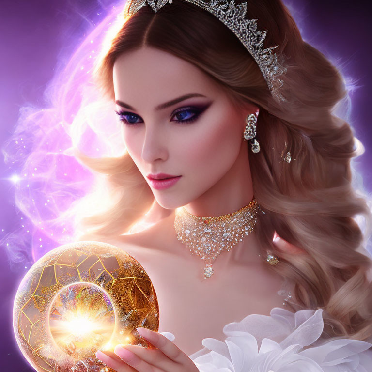 Digital artwork of woman with crown and glowing orb in mystical setting