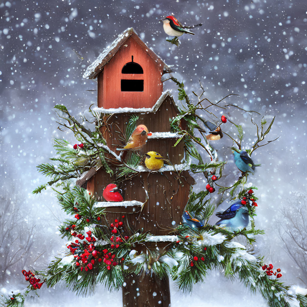 Colorful birdhouse with birds, berries, and snow-covered greenery