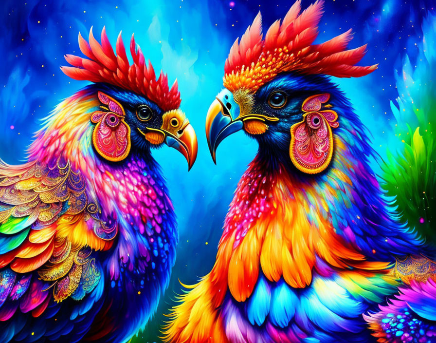 Colorful Whimsical Roosters on Blue Background