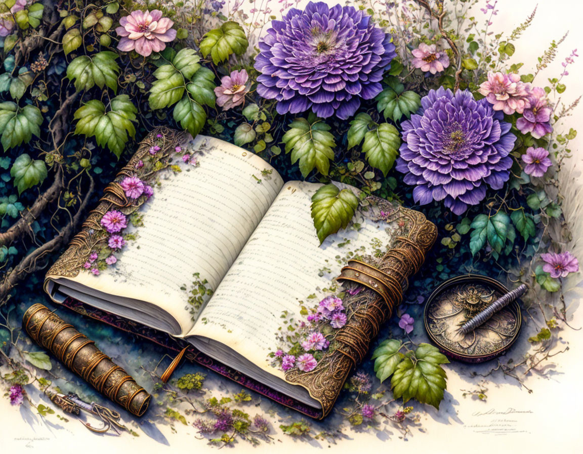 Open book with blank pages, purple flowers, compass, and feather quill in romantic vintage setting