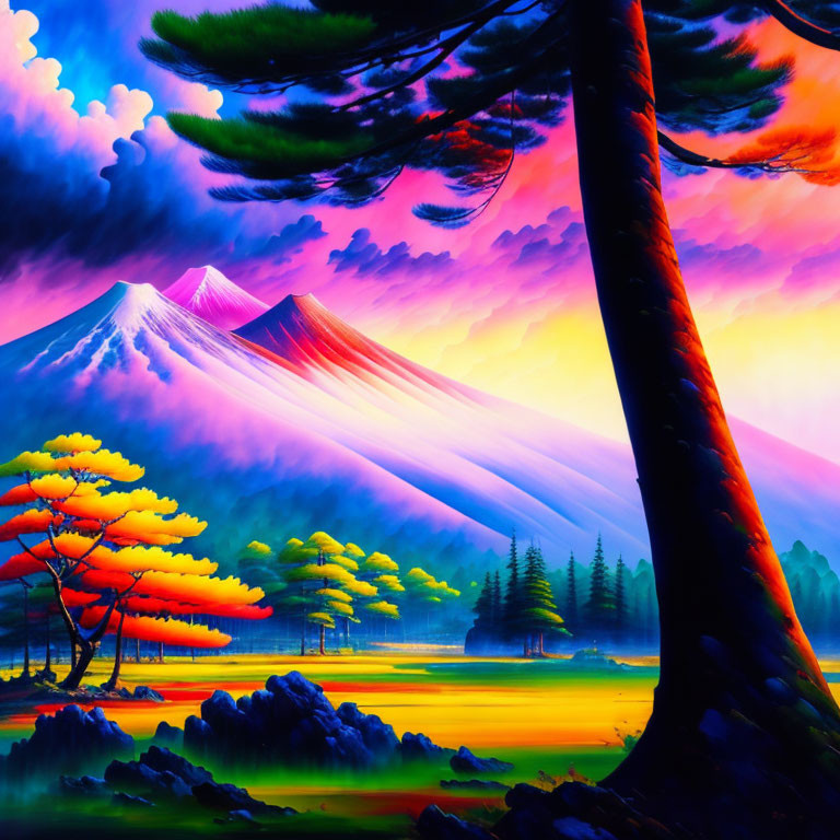 Colorful Landscape with Tree, Lake, and Mountains at Sunset