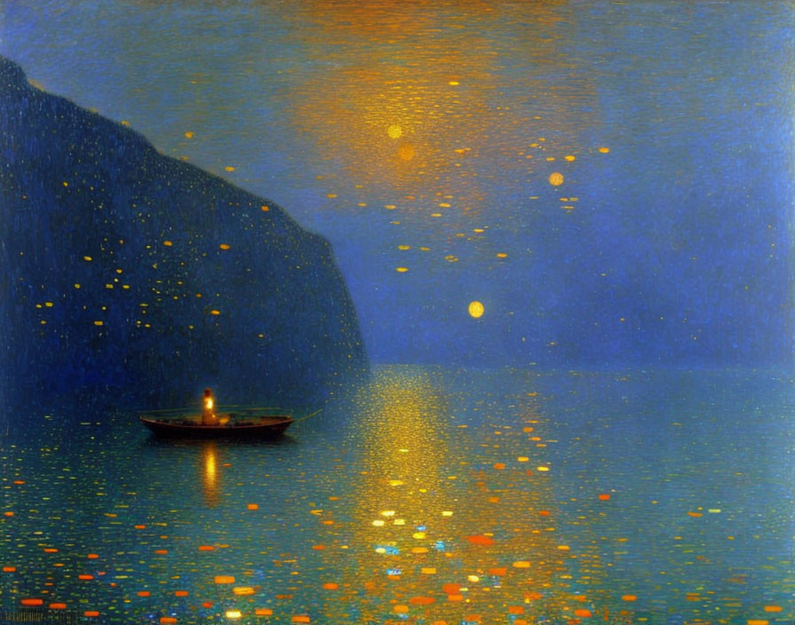 Boat with candle on tranquil sea under starry sky