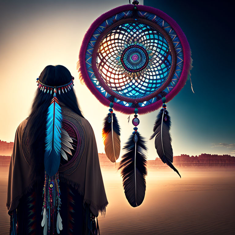 Native American person in traditional attire with dreamcatcher in desert landscape at dusk