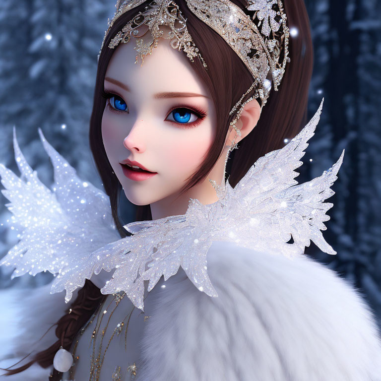 Fantasy ice fairy portrait with white wings and crown in snowy forest