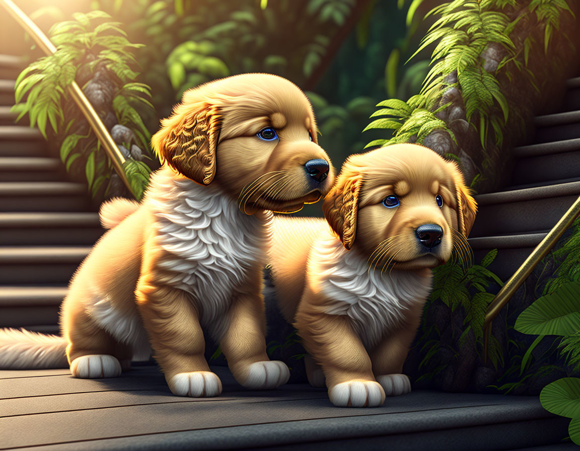 Golden Retriever Puppies with Blue Eyes in Greenery