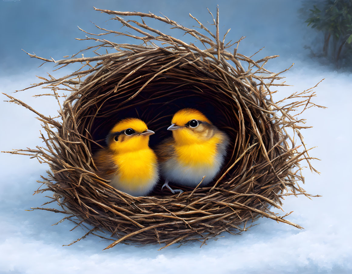 Fluffy yellow chicks in circular bird's nest on foggy blue background