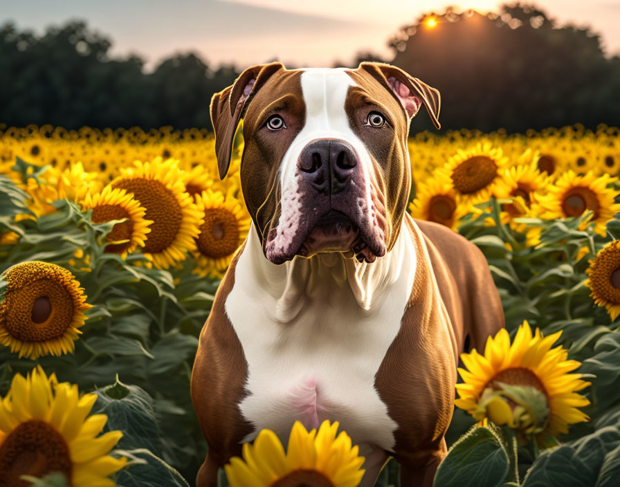 Brown and White Dog Sitting in Sunflower Field at Sunset