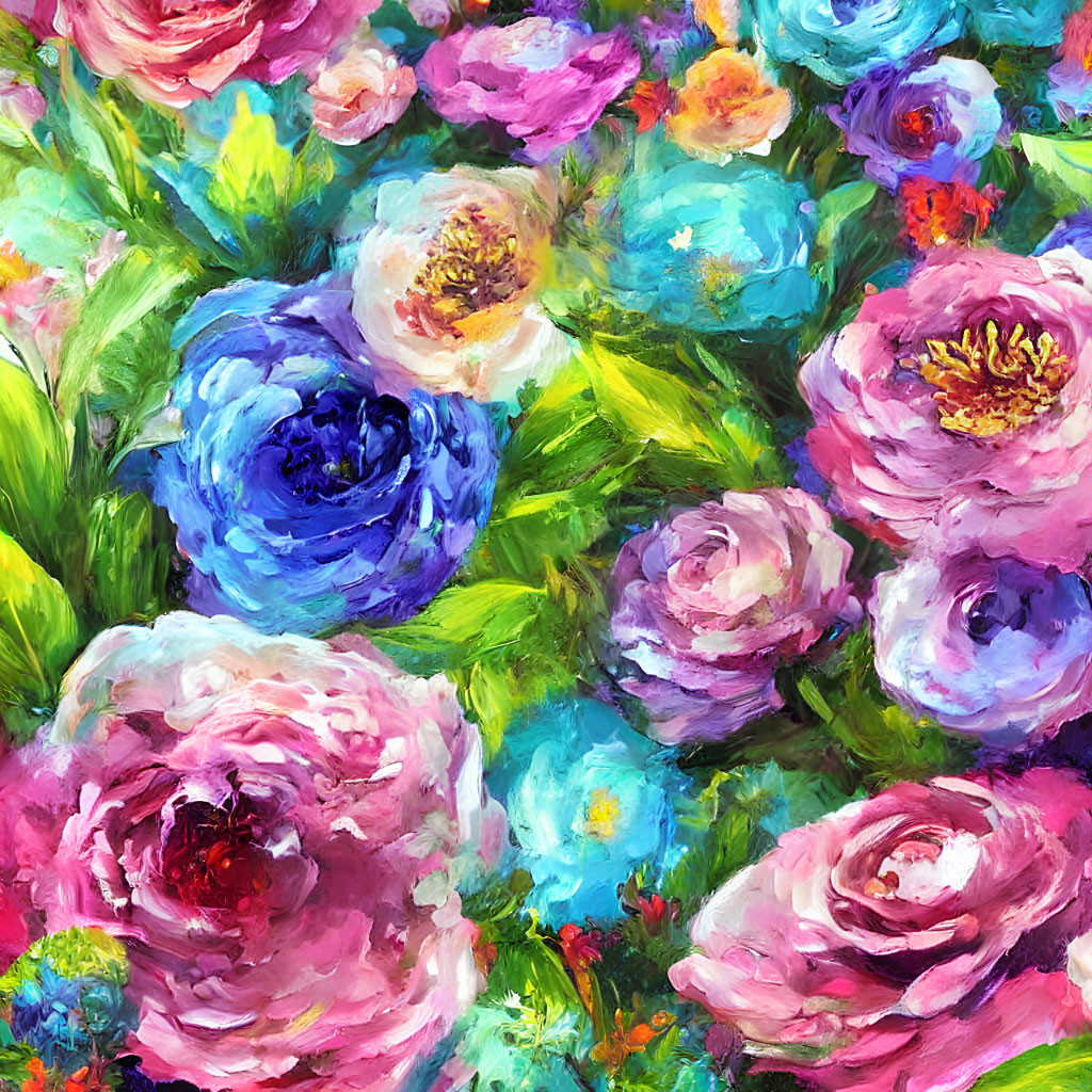 Colorful Impressionistic Painting of Flowers in Pink and Blue