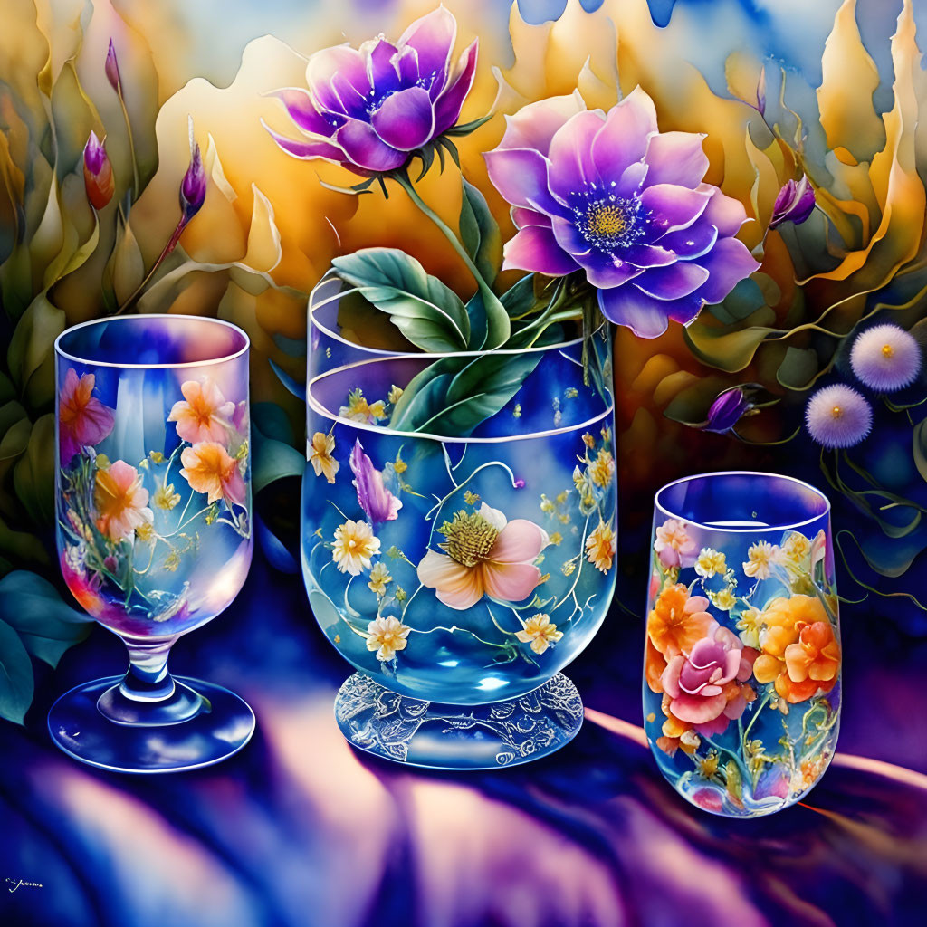 Colorful Painting of Three Ornate Floral Glasses on Dreamy Background