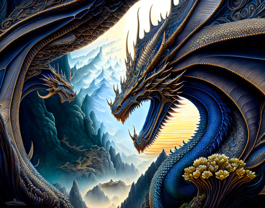 Detailed Dragon Artwork: Dragons in Mountain Landscape with Sunrise