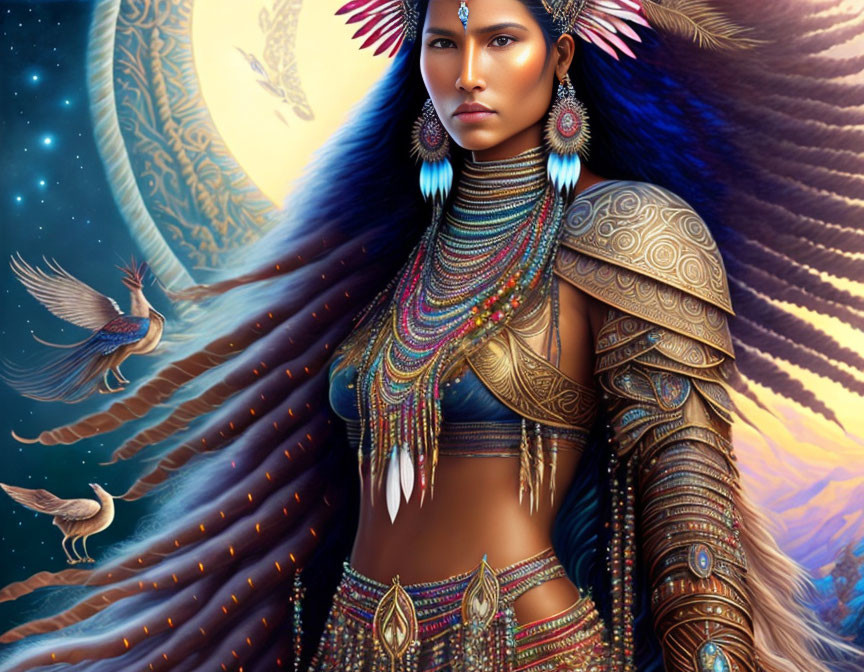 Digital artwork of woman in tribal jewelry with mythical birds under starry sky
