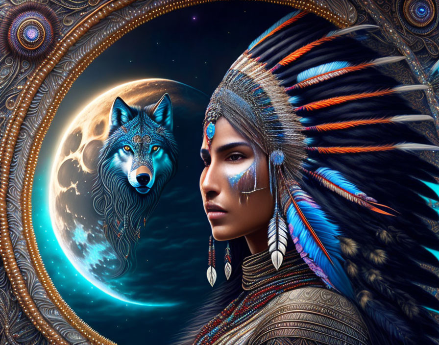 Person in ornate feathered headdress with tribal makeup against cosmic wolf and moon backdrop
