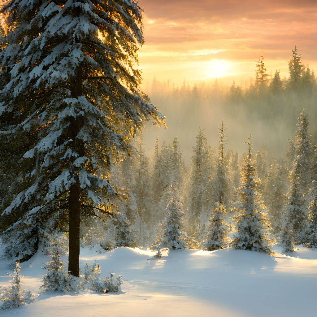 Sunrise illuminates misty snow-covered evergreen forest