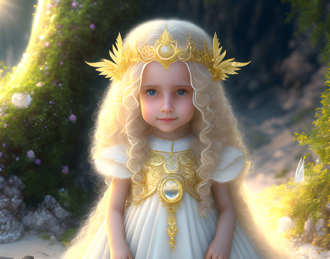 Young girl with golden curly hair in white dress and crown against soft natural background